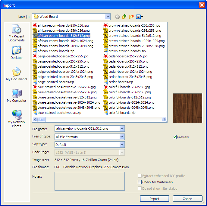 Selecting a seamless texture file in CorelDRAW Import dialog box
